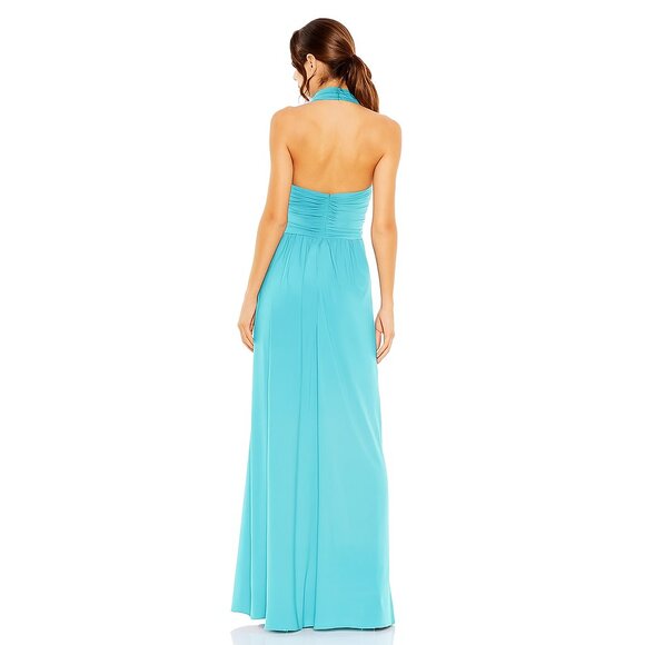 NWT Mac Duggal Cross Halter Neck Ruched Gown Aqua 2 #A0094 - Picture 3 of 7